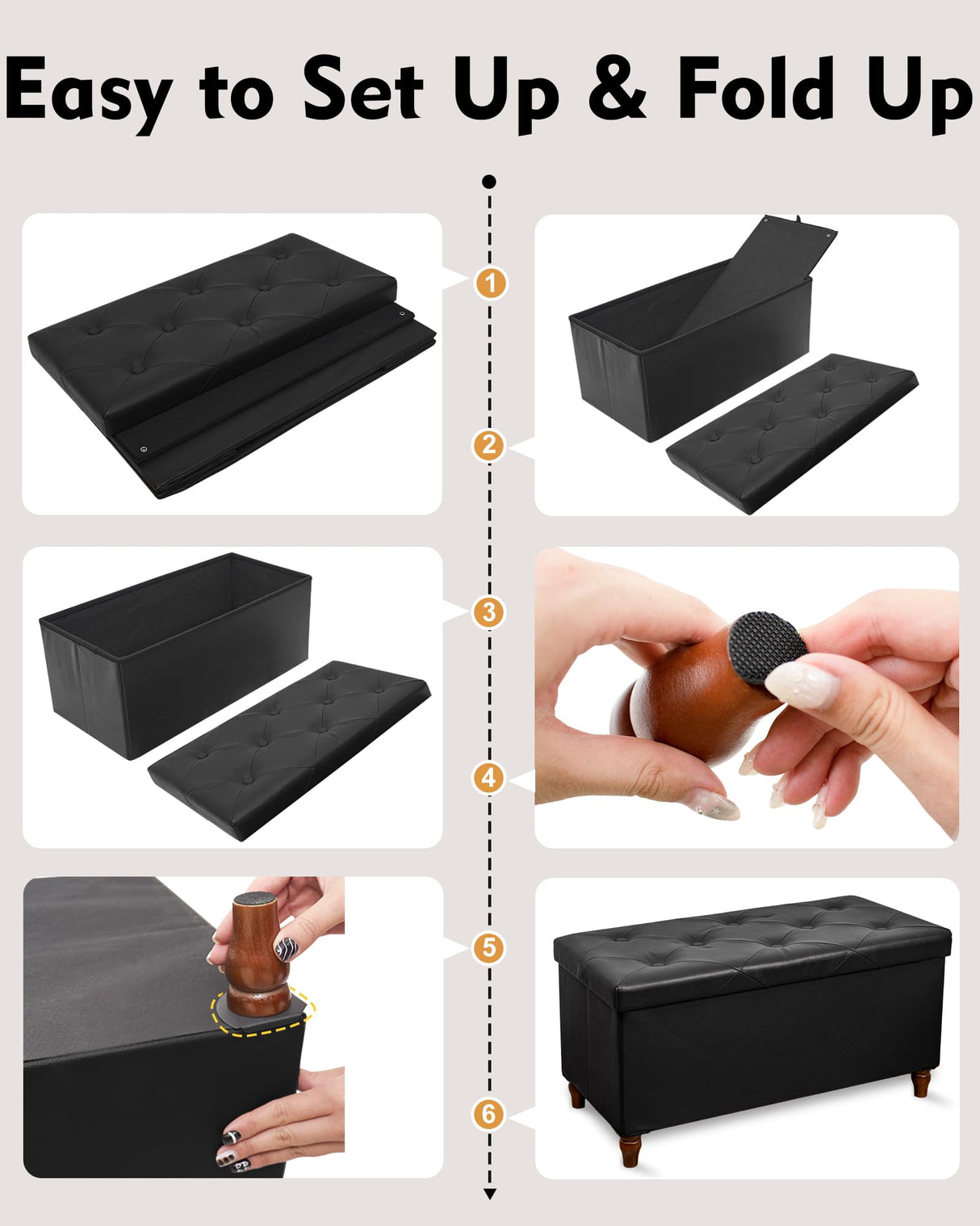 GLAXYFUR 30 Inches Storage Ottoman Bench with Wooden Legs, Faux Leather Folding Ottoman Foot Rest, Storage Bench for Living Room, Hallway & Bedroom, Upgrade Large Capacity (Engineered Wood, Black) GLAXYFUR