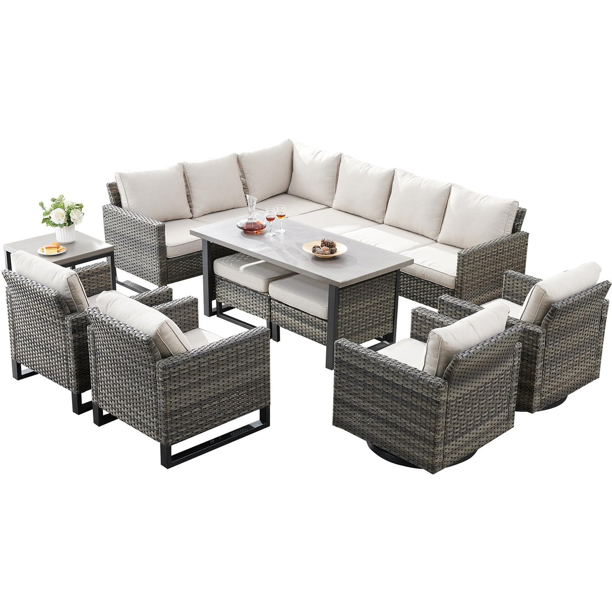 Belord Outdoor Sectional Furniture with Swivel Rocker Chair, 10 Pieces Wicker Patio Furniture Sets with Ottoman L Shaped Sofa Coffee Table Beige Cushion Belord