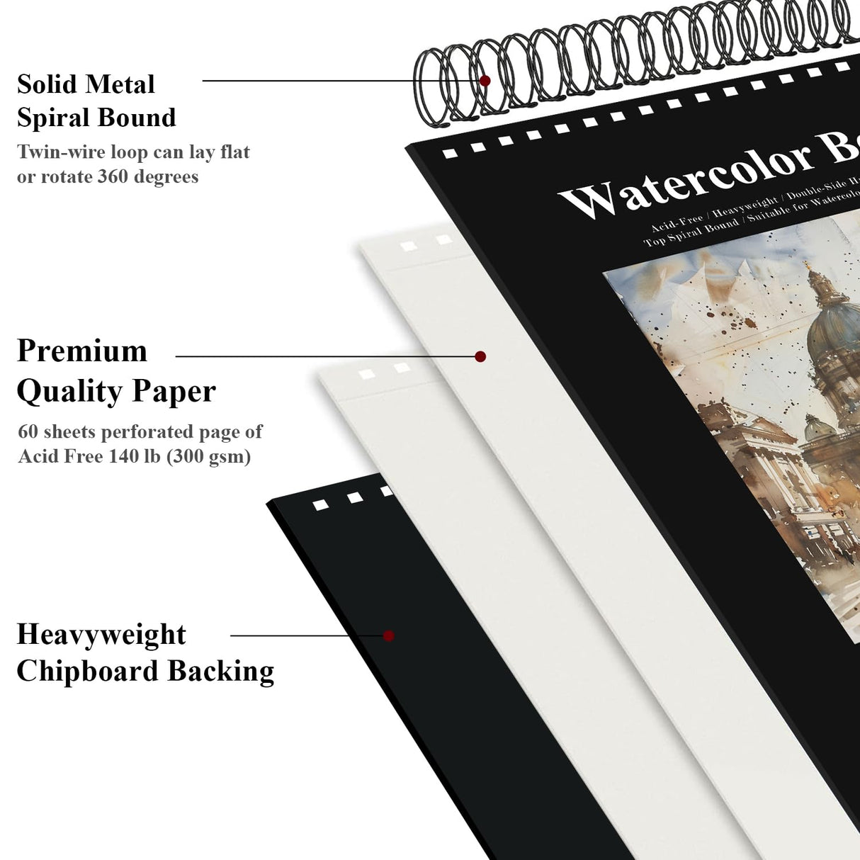 Watercolor Sketchbook 10"x12", 32 Sheets (64 Pages) Water Color Paper, 140lb/300gsm Watercolor Paper, Spiral Hardcover Watercolor Notebook. Fuxi