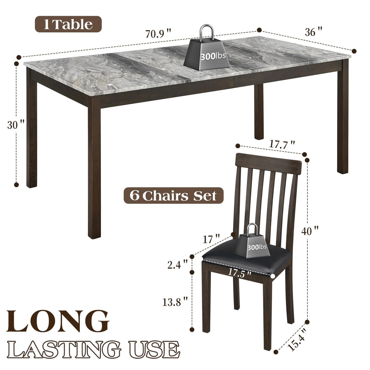 HOPETANA 7-Piece Rectangular Dining Table Set - Faux Marble Top, Farmhouse Style Kitchen Furniture for Family Gatherings and Holiday Meals HOPETANA