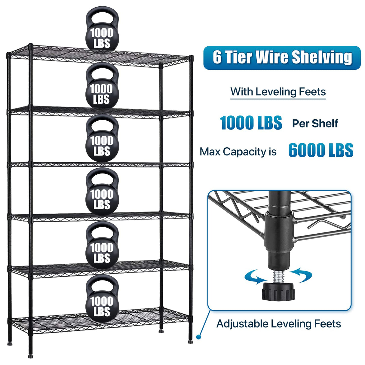 Dkelincs 6 Tier Wire Shelving Unit with Wheels 48" X 18" X 76" Metal Storage Shelves Height Adjustable NSF Heavy Duty Commercial Grade Garage Shelf Rack for Kitchen Basement Restaurant,Black Dkelincs