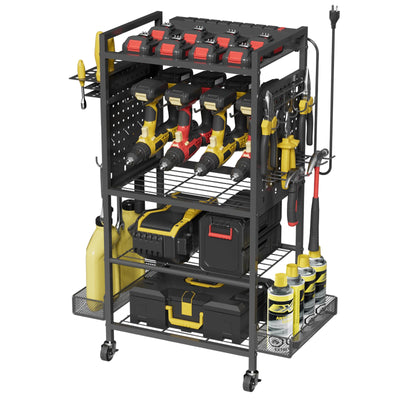 Power Tool Organizer Cart with Charging Station, Heavy Duty Garage Tool Organizer Rolling Tool Battery Storage with 8-Outlet Power Strip, 4 Wheels, 2 Hanging Baskets, 8 Hooks, Drill Bit Holder, Black