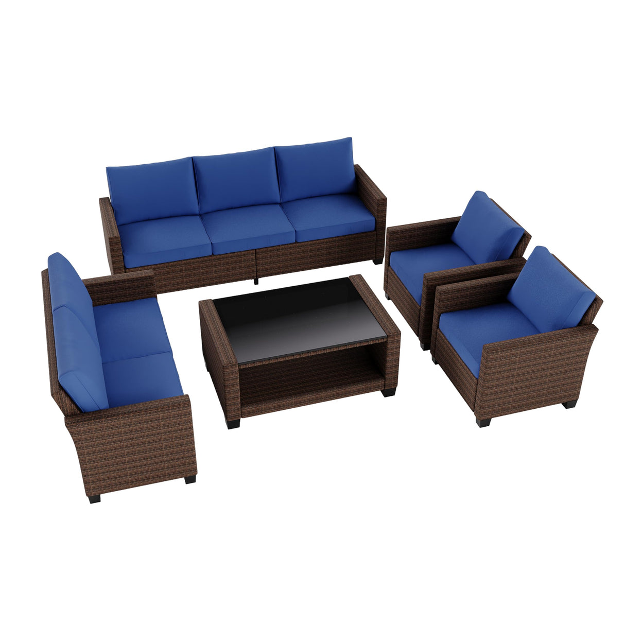 GarveeLife 5 Pieces Patio Furniture Set, 7-Seater Rattan Wicker Patio Conversation Sets with Coffee Table, Outdoor Sectional Patio Sofa Set, Brown Rattan and Blue Cushions GarveeLife