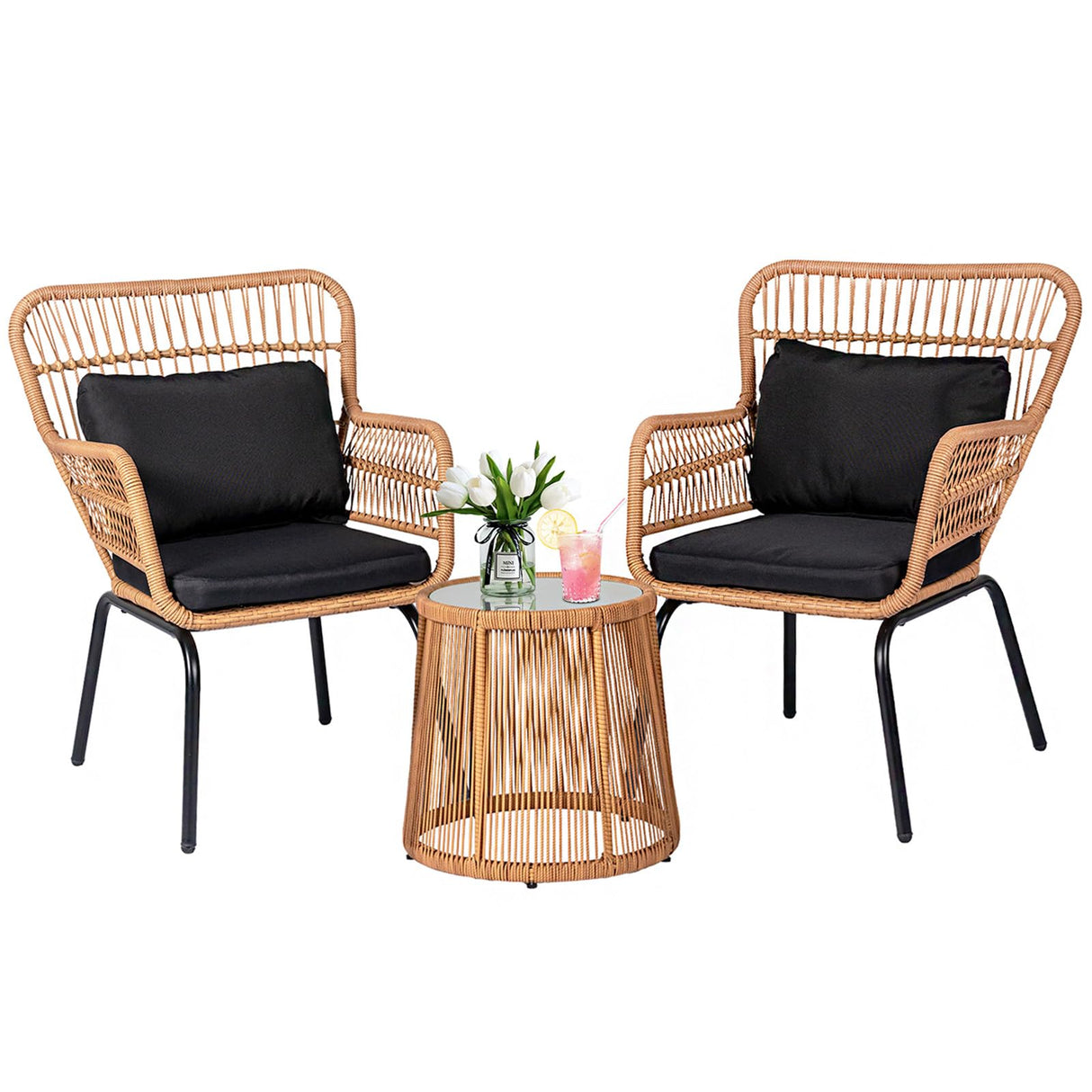 PROHIKER 3 Pieces Outdoor Wicker Bistro Patio Furniture Set, Porch Furniture Rattan Conversation Sets with Side Table and Cushions for Garden Poolside Backyard, Yellow/Black PROHIKER