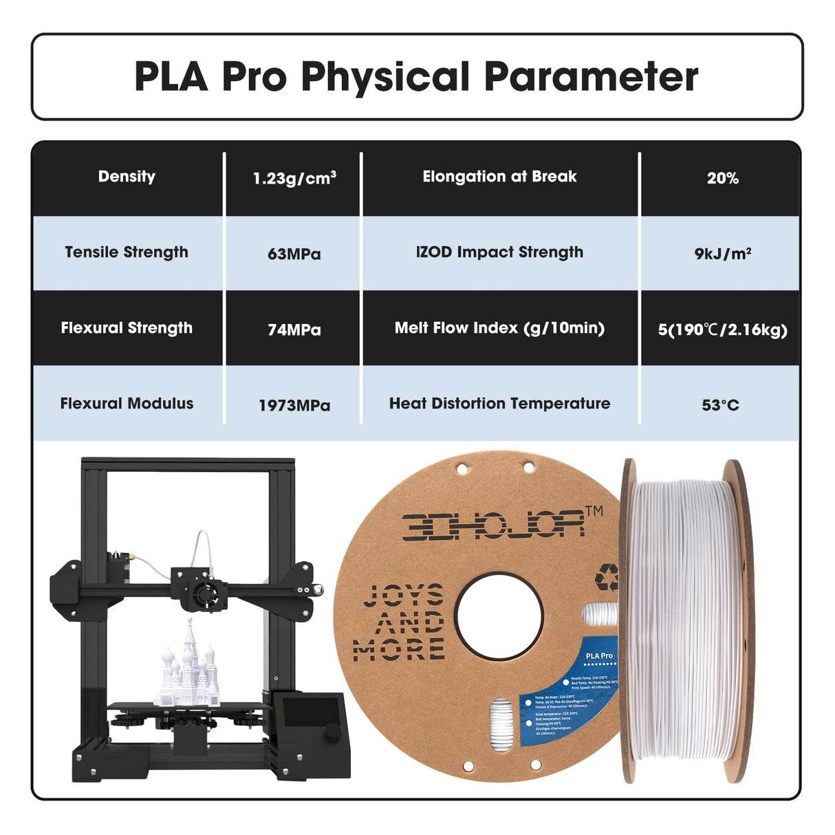 3DHoJor PLA Pro Filament 1.75mm White,PLA Plus Filament, Odor Free, Clog Free 3D Printer Filament,1kg Cardboard Spool (2.2lbs), Dimensional Accuracy +/- 0.03 mm, Fit Most FDM 3D Printer 3DHoJor