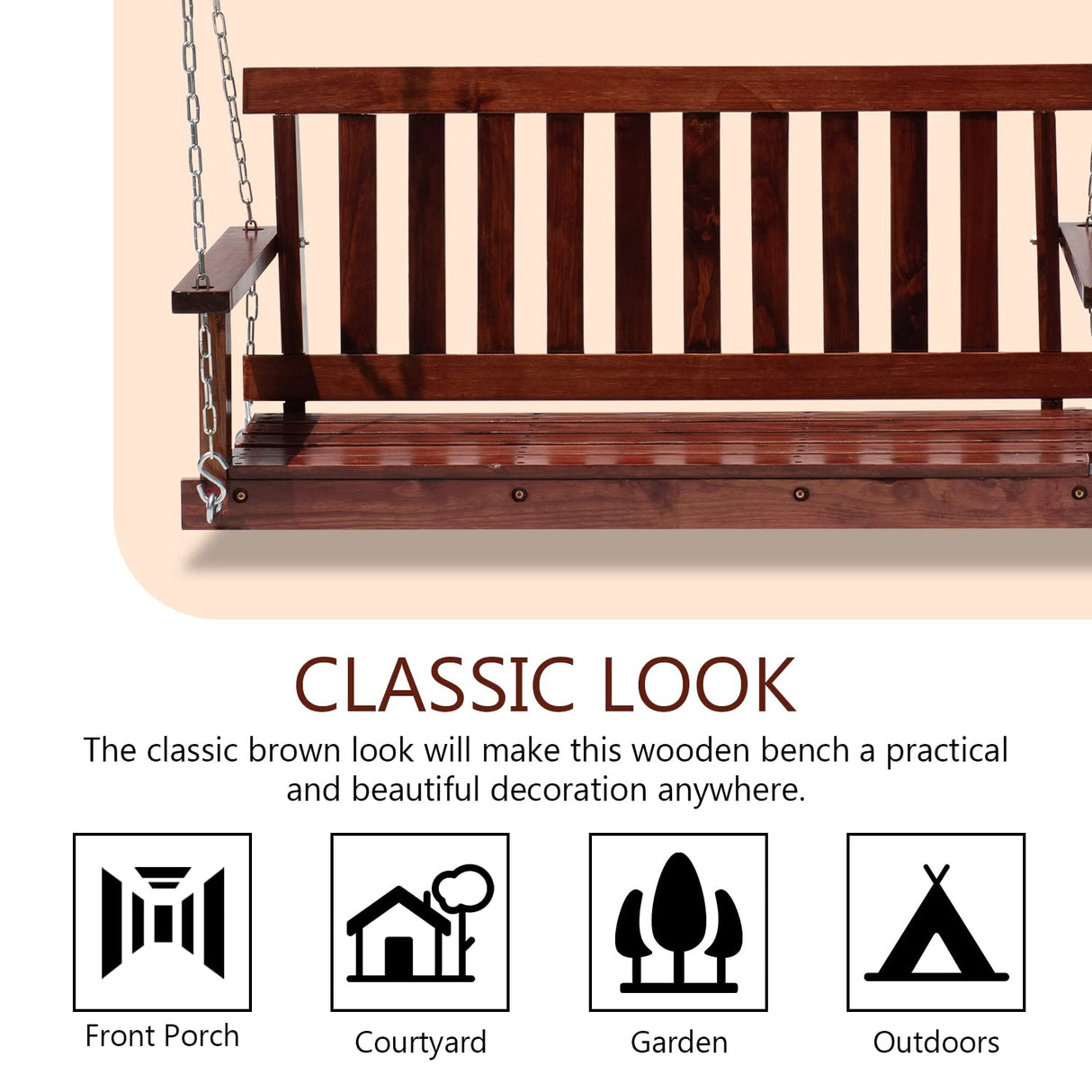 Outdoor Wooden Porch Swings 4Ft/48in Outdoor Swings Heavy Duty 800lb Weight Capacity Swing Bench for Adults with Hanging Chains and Fixing Screw for Garden and Backyard,Brown PayLessHere