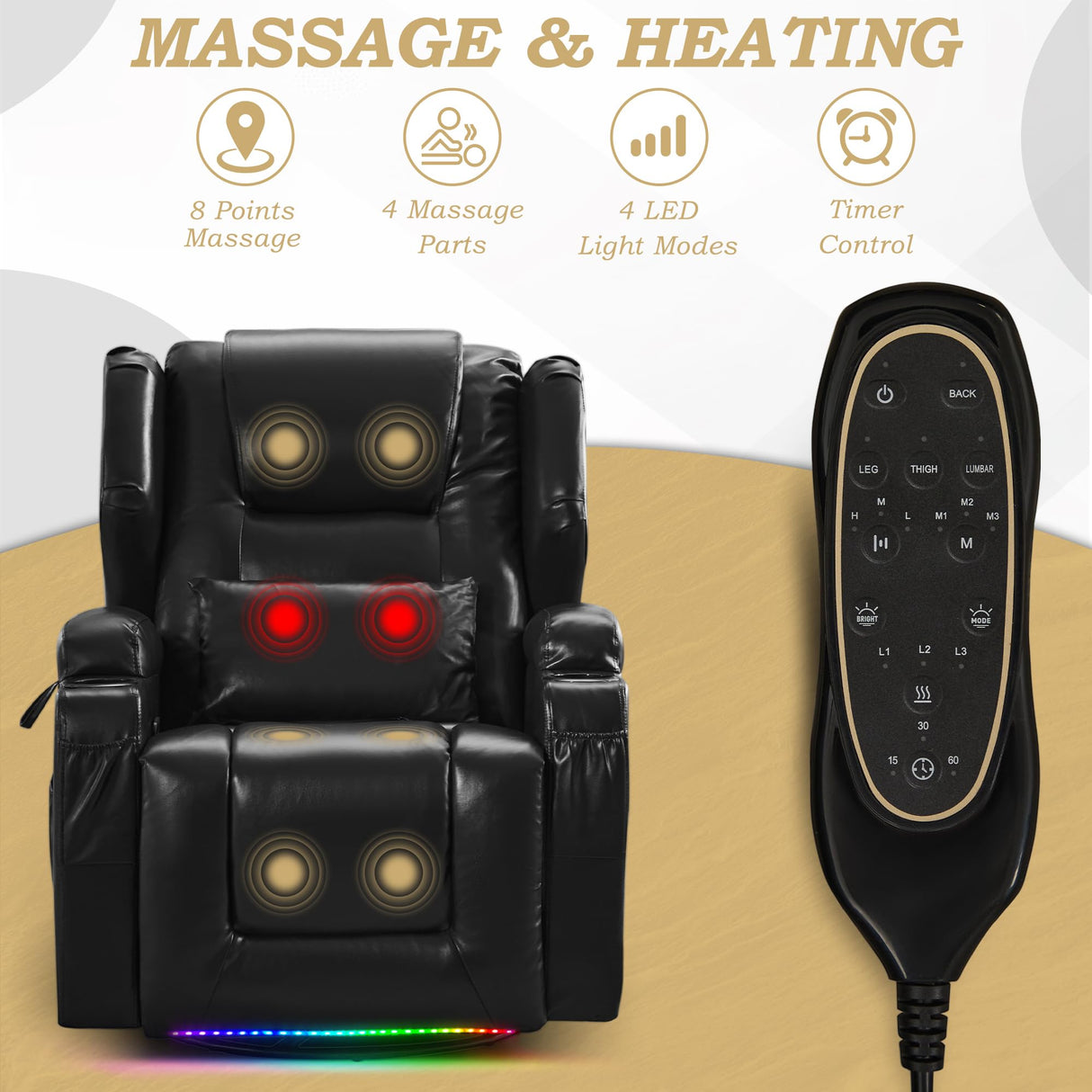 DRMBOOK Leather Rocker Recliner Chairs for Adults, 360° Swivel Rocking Theater Seating with Heat and Massage, Oversized Single Sofa with Led Lights for Living Room (Black,Single Chair) DRMBOOK