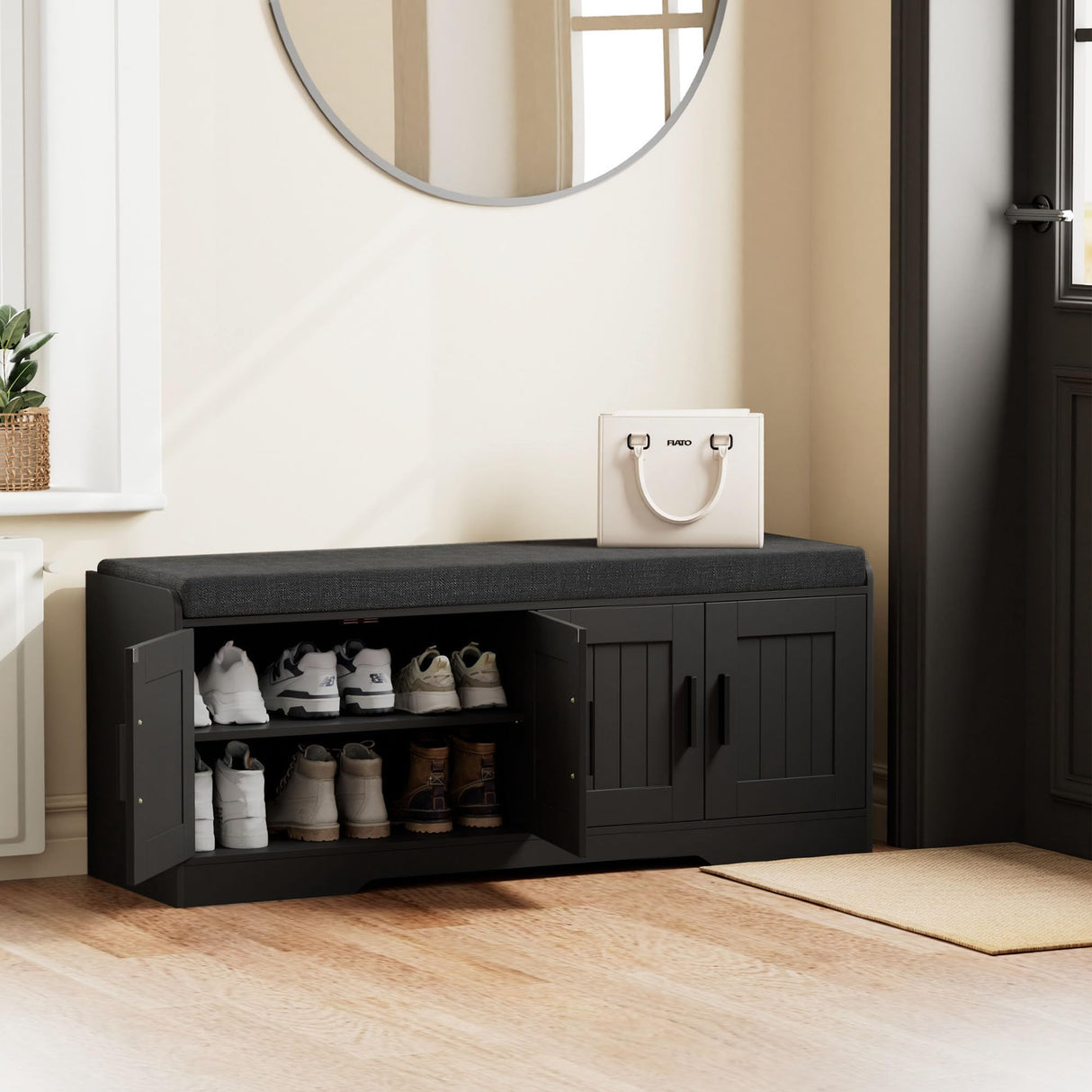 Homleke 2-Tier Storage Bench, Shoe Bench with Thickened Padded Seat Cushion, Entryway Bench with 4 Doors, Adjustable Shelf, 13.8" D x 45.3" W x 18.5" H, for Entryway, Living Room, Bedroom, Black Homleke