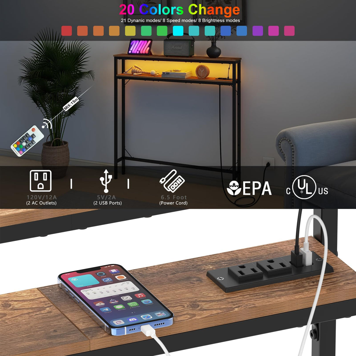 Tohomeor 5.9" Narrow Console Sofa Table with Power Outlets Led Light Sofa Skinny Behind Couch Table with Shelves Metal Frame and Charge Station (2, Rustic Brown) Tohomeor