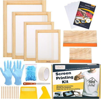 Caydo 31 Pieces Screen Printing Starter kit Include 4 Different Size of Wood Silk Screen Printing Frame with 110 Mesh, Squeegees, Inkjet Transparency Film, Ink Knife, Gloves and Mask Tape
