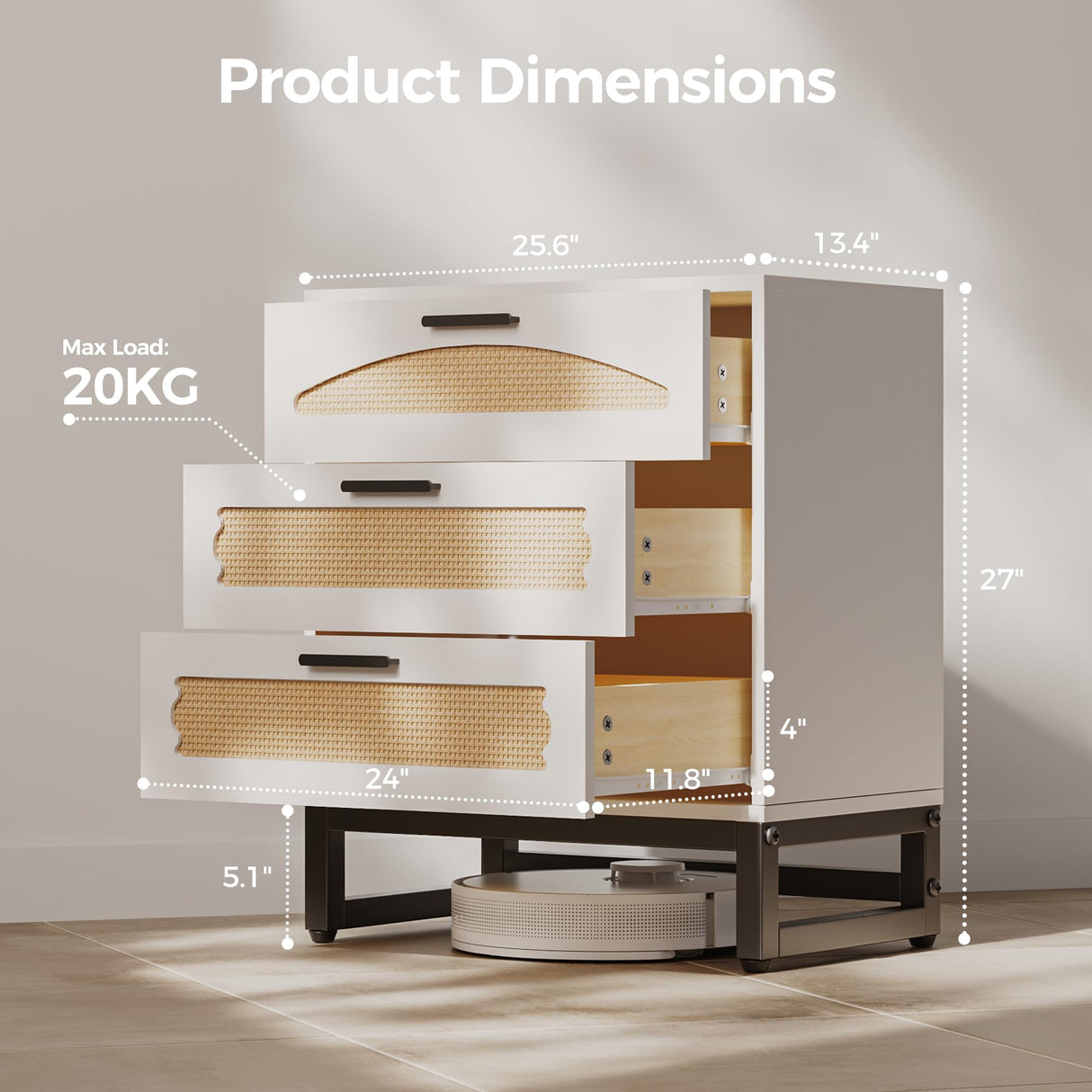 Mericonia 3 Drawer Rattan Dresser for Bedroom, Wood Dresser for Closet with Metal Handles, Small Boho Nightstand Sets, Dressers & Chests of Drawers for Bedroom, Hallway and Entryway, White Mericonia