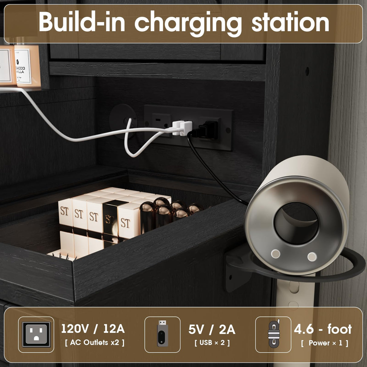 Fameill Vanity Desk with Mirror and Lights,Make up Vanity with Chair and Outlet,Dressing Table with Jewelry Cabinet, Bedroom Vanity with 2 Drawers, 3 Lighting Colors,36.4 inch,Black Fameill