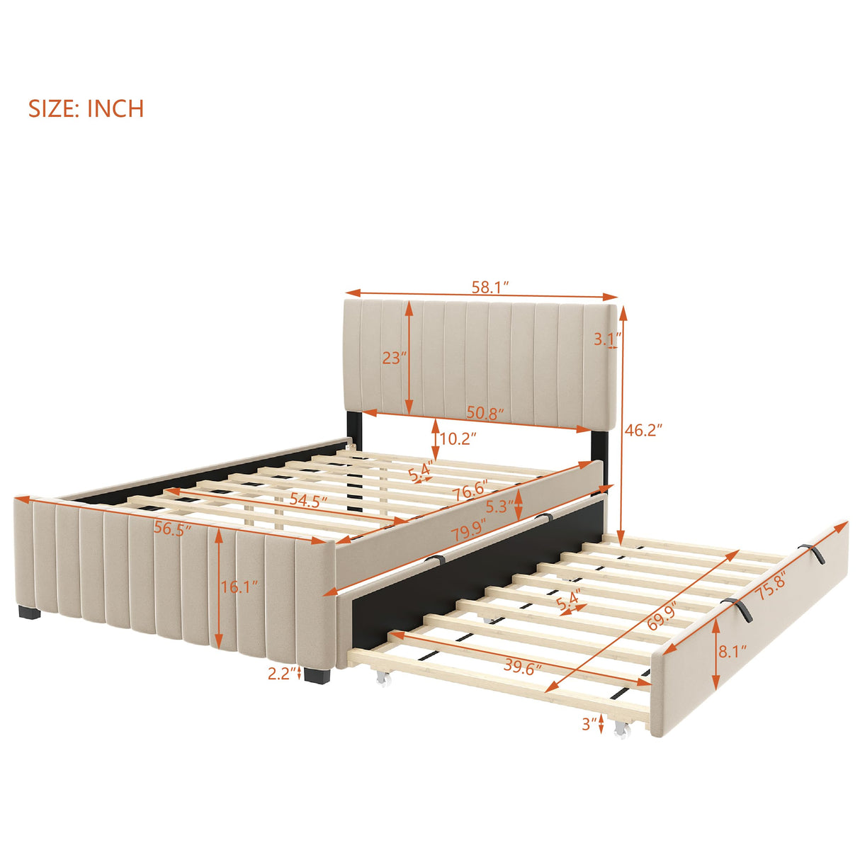 Merax Full Size Bed with Trundle, Velvet Upholstered Platform Bed Frame, No Box Spring Needed, Wood Slat Support, Modern Luxury Bedroom Furniture for Small Space, Beige Merax