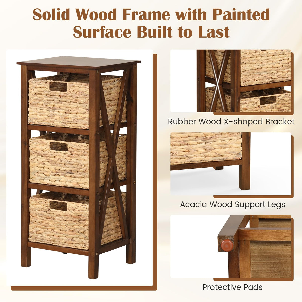Giantex 3-Tier Nightstand with 3 Wicker Baskets, Wooden X-Design Side Table End Table, Beside Table with Acacia Wood Legs, Mid Century Accent Storage Cabinet for Small Spaces, Bedroom, Walnut Giantex