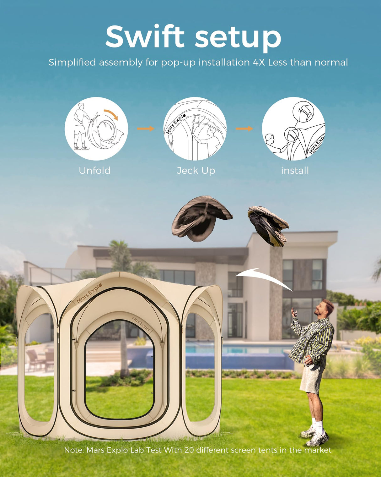 Mars Explo Screen Pop Up House Room Tent, Canopy Sun Shade Shelter for Camping, Patio, Backyard, Deck & Outdoor Activities, Portable Gazebo, Not Waterproof, 10'x10',Beige Mars Explo