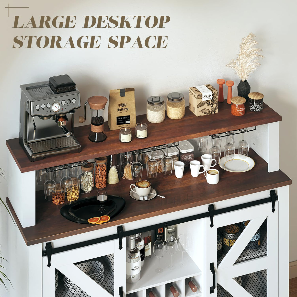 PRETZI 55" Farmhouse Coffee Bar Cabinet with LED Lights, Wine Bar Cabinet with 4 Tier Storage, Kitchen Buffet Cabinet with Sliding Door & Wine and Glass Rack for Dining Living Room PRETZI