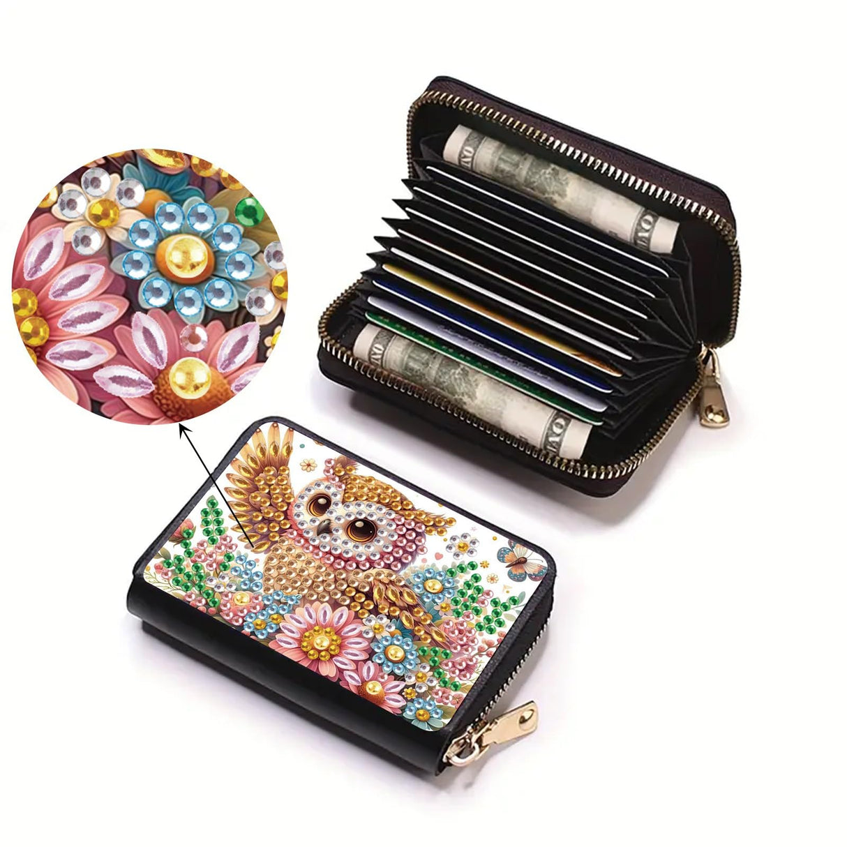 DoxQcs Anti-demagnetization Coin Card Holder, DIY Diamond Art Painting Leather Zipper Card Case Wallet-Owl-1 DoxQcs