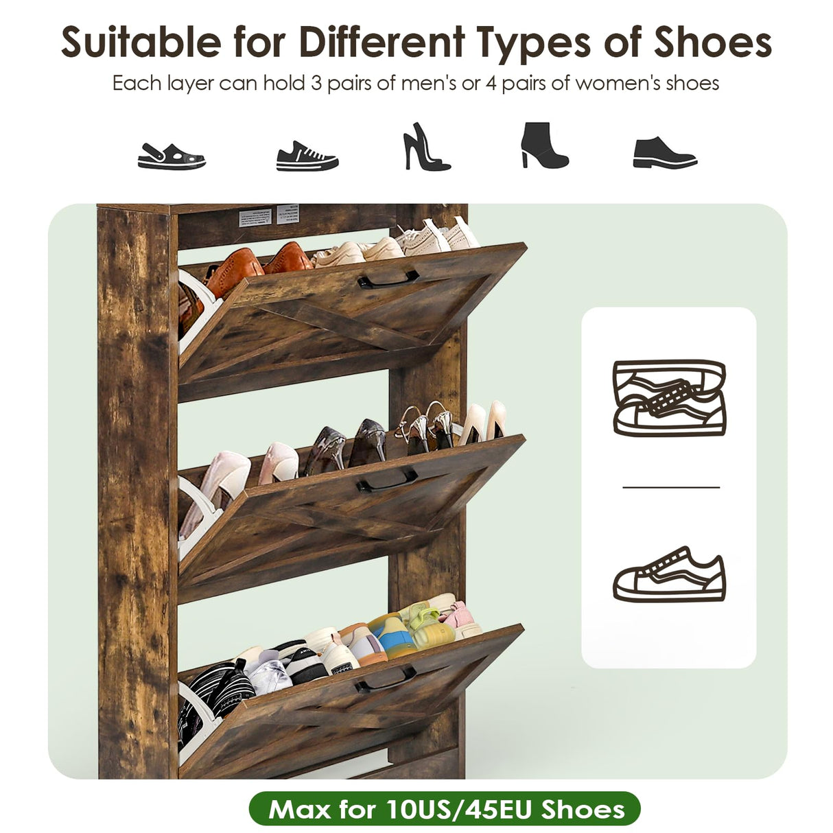 HOPUBUY Shoe Cabinet for Entryway, Shoe Storage Cabinet with 3 Flip Drawers, Narrow Shoe Rack for Front Door Entrance, Rustic Brown HOPUBUY