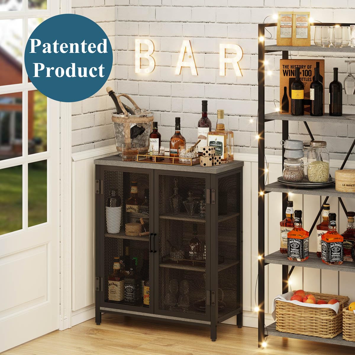 BON AUGURE Small Coffee Bar Cabinet for Liquor, Farmhouse Storage Cabinet with Doors, Wood Sideboard Buffet Cabinets for Home Kitchen, Dining Room, Living Room (Dark Grey Oak) BON AUGURE