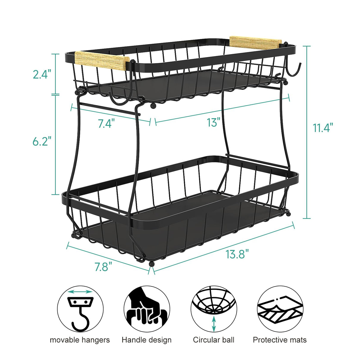 Sevenblue 2 Tier Fruit Basket for Kitchen Counter with 2 Banana Hangers, 2025 Pro Detachable Metal Fruit Bowl with Wooden Handle,Fruit Holder for Bread Snack Veggies, Black Sevenblue