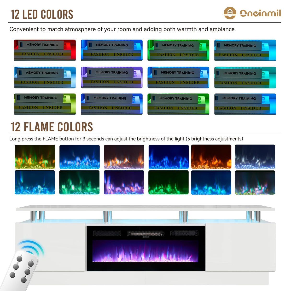 oneinmil Fireplace TV Stand with 36" Electric Fireplace,LED Light Entertainment Center,2 Tier TV Console Stand for TVs Up to 80",Fireplace for The Living Room TV Stand,White oneinmil