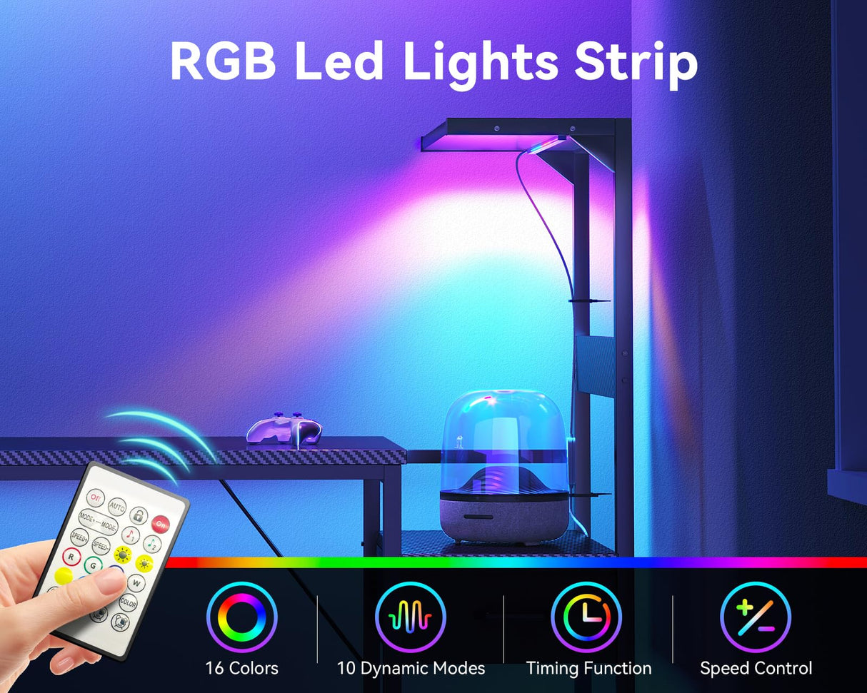 Casaottima 48 Inch Gaming Desk with Storage & LED Lights, Reversible Computer Desk with Display Shelves & Fabric Drawer, Modern Gamer Desk Table with Side Headphone Hook, Carbon Fiber Black Casaottima