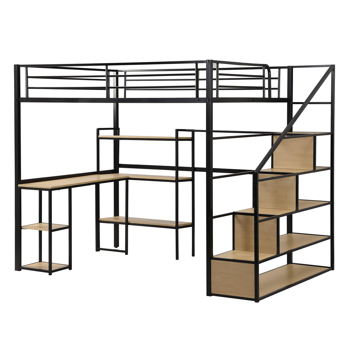 Bellemave Modern Black Metal Loft Bed with Integrated Desk, Shelves, and Storage Staircase Bellemave