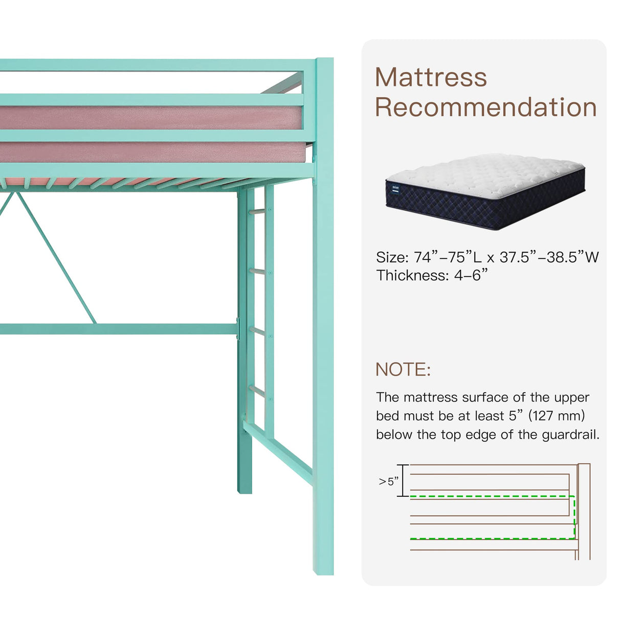 ikalido Aqua Green Twin Metal Loft Bed with Safety Guard, Removable Ladder, and Space-Saving Design ikalido