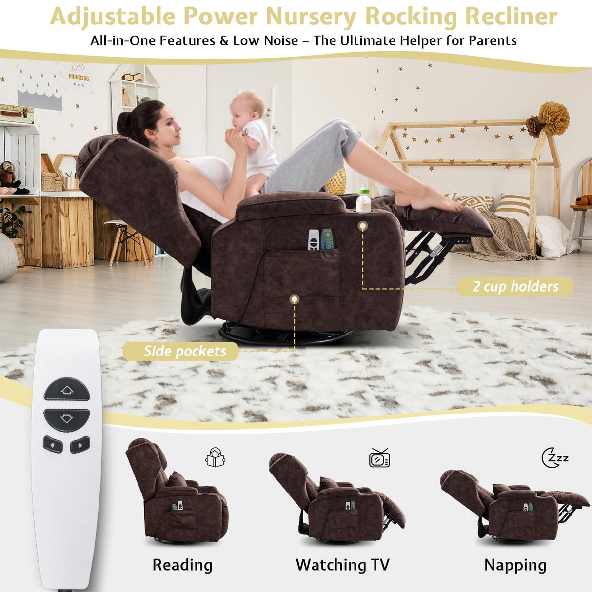 BINGTOO Power Swivel Rocker Recliner Chair with Massage & Heat, Electric Wall Hugger Reclining Sofa for Adults with LED Light/Cup Holders/USB Ports, Velvet Brown BINGTOO