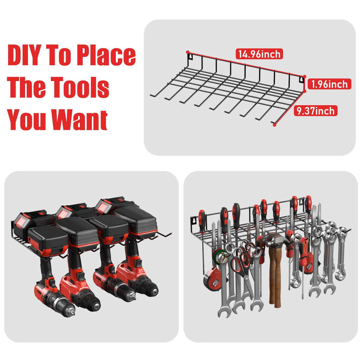JUNNUJ Tool Organizer with Charging Station, 3 Layers Wall Mount Garage Tools Storage with 8 Outlets Power Strip, 4 Drills Holder Battery Heavy Duty Metal Shelf, Utility Rack with Hooks, Black JUNNUJ