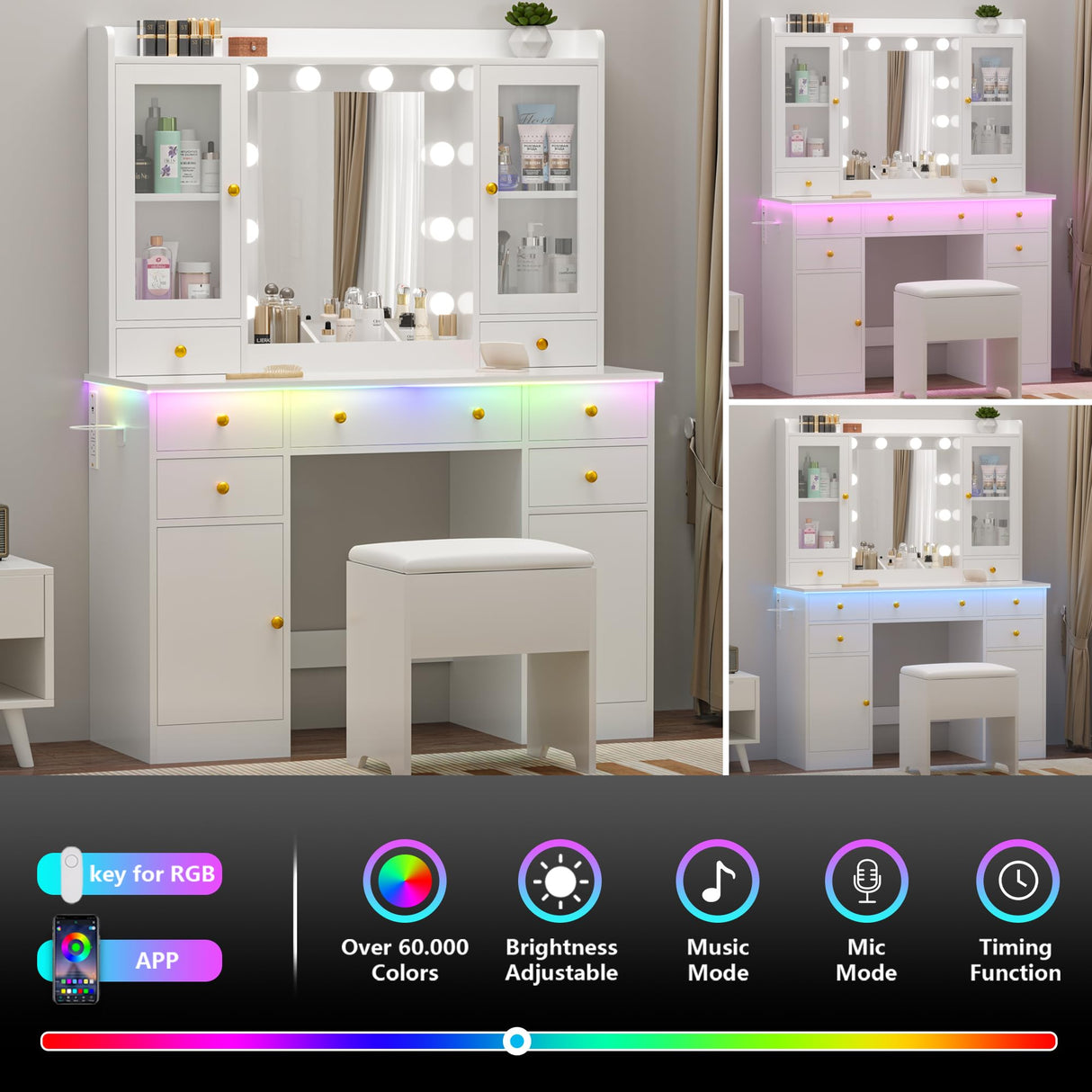 Wodeer Vanity Desk with Mirror and Lights, 43" White Makeup Vanity Set with 5 Drawers & Glass Cabinets, Storage Stool, Power Outlet & Adjustable LED Lights, Dressing Table for Women & Girls Bedroom Wodeer