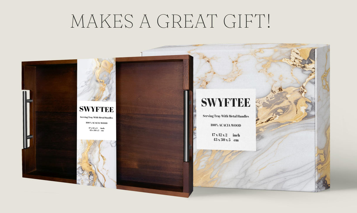 Swyftee Serving Tray with Handles – 17 x 12 x 2 Inch Dark Brown Acacia Wood Ottoman Tray Table Trays Decorative – Coffee Tray Wood Decor for Kitchen – Breakfast in Bed Tray with Silver Metal Handles Swyftee