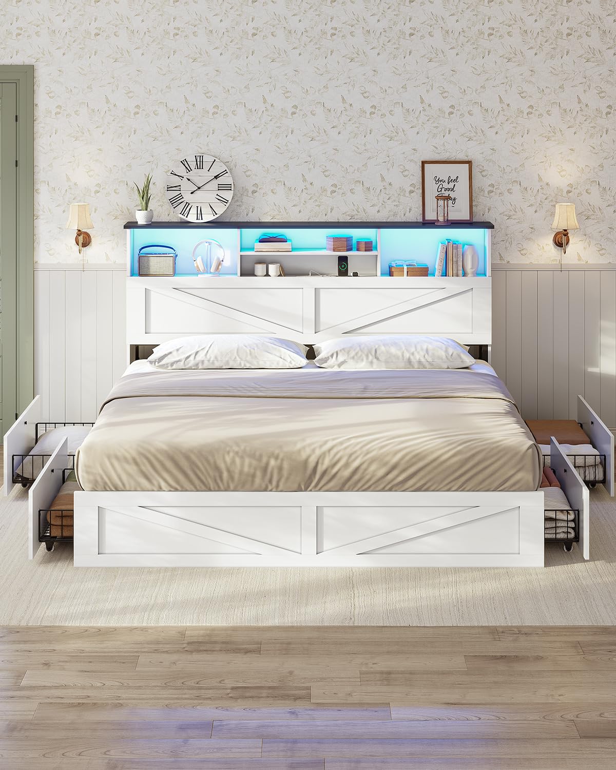 AOGLLATI Farmhouse King Bed Frame Bed Frame with 4 Storage Drawers and Led Lights, Wooden King Bed with Hidden Space Bookcase Headboard and Led Lights, White AOGLLATI