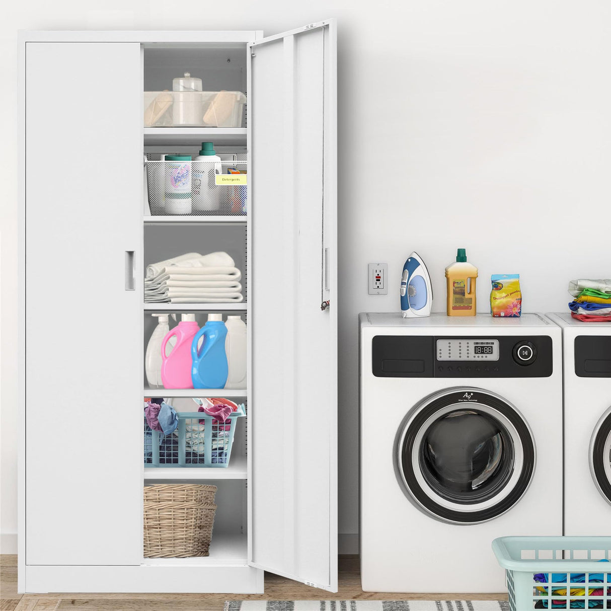 CMY Metal Storage Cabinet with Locking Doors and 5 Adjustable Shelves, 71” Tall Steel Storage Cabinets for Garage, Home Office, Pantry (White) CMY