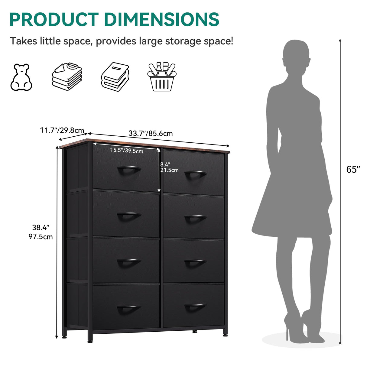 YITAHOME Dresser with 8 Drawers, Tall Storage Tower with 8 Drawers, Black Dresser & Chest of Drawers, Storage Drawer Organizer for Closet, Bedroom, Living Room YITAHOME