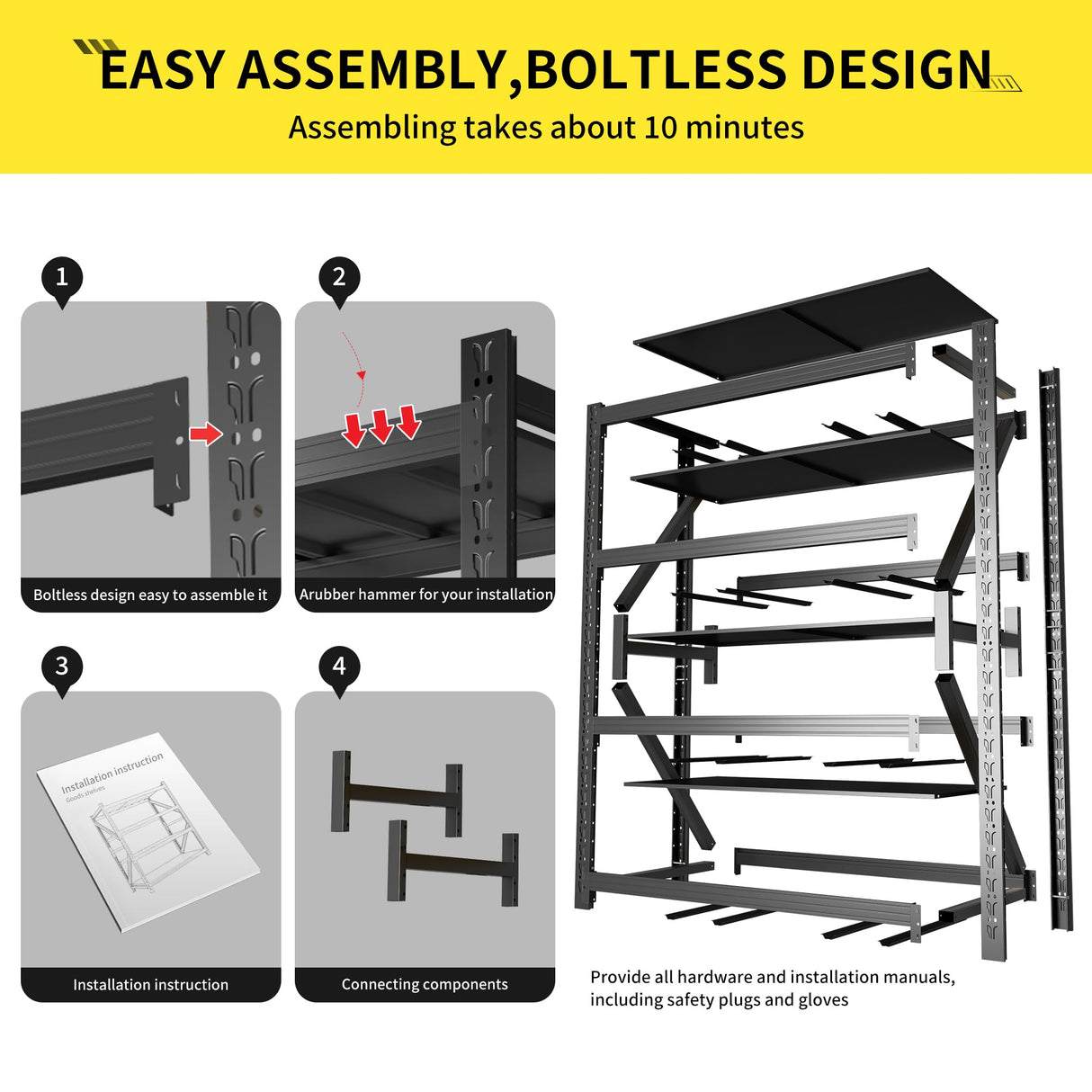 InaryLof Metal Garage Shelving,4000 LBS Garage Shelving Unit and Storage,Adjustable 4-Tier Heavy Duty Shelving,Garage Storage Shelves for Shop,Basement,Garage (Black, 23.6" D*59.1" W*78.7" H) InaryLof