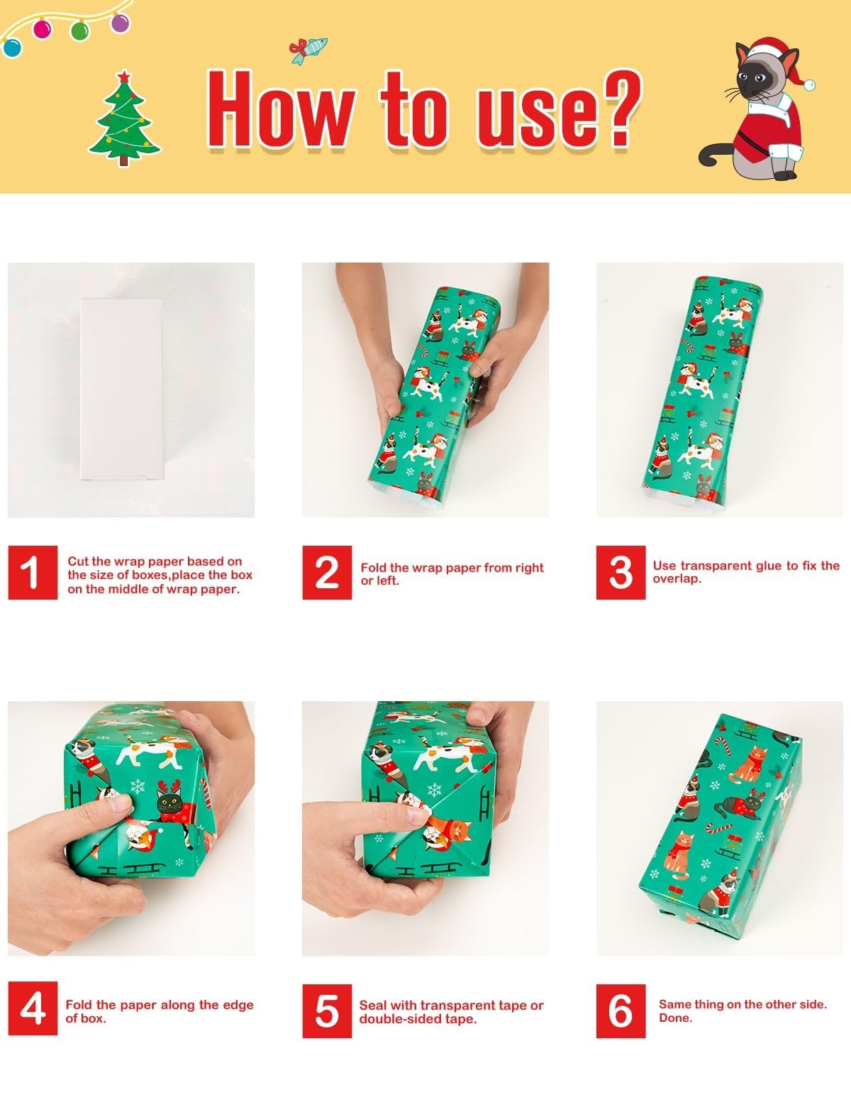 WERNNSAI Cat Christmas Wrapping Paper Rolls - 3 Rolls 17” x 120” Kids Cat Christmas Wrapping Paper Medium Roll Set Funny Kitten Christmas Wrapping paper Xmas Rolls Party Gift Decoration, for Girls/Boys WERNNSAI