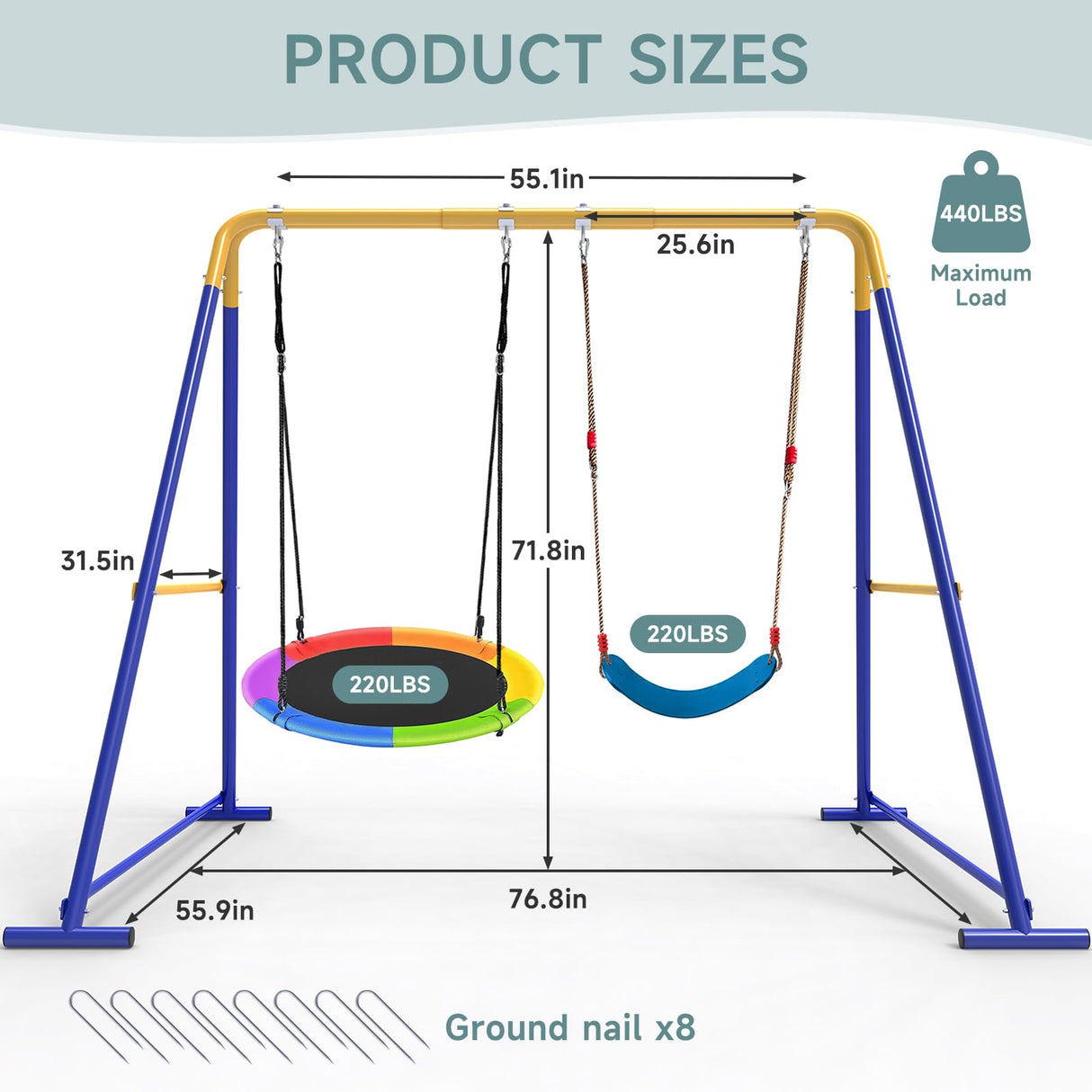 Swing Sets for Backyard, Toddler Swing Set with 2 Seat 1 Saucer & 1 Belt Seat, 440lbs Heavy-Duty Swing Frame w/8 Ground Stakes, A Frame Outdoor Swingset for Kids and Adults for Backyard SkylarkJoy