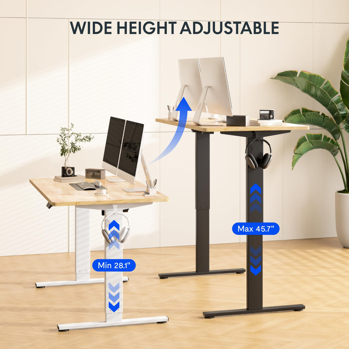 FLEXISPOT EN1 One-Piece Solid Wooden Standing Desk 63 x 24 Inches Height Adjustable Electric Sit Stand Home Office Desks (White Frame + Rubber Wood Top, 2 Packages) FLEXISPOT