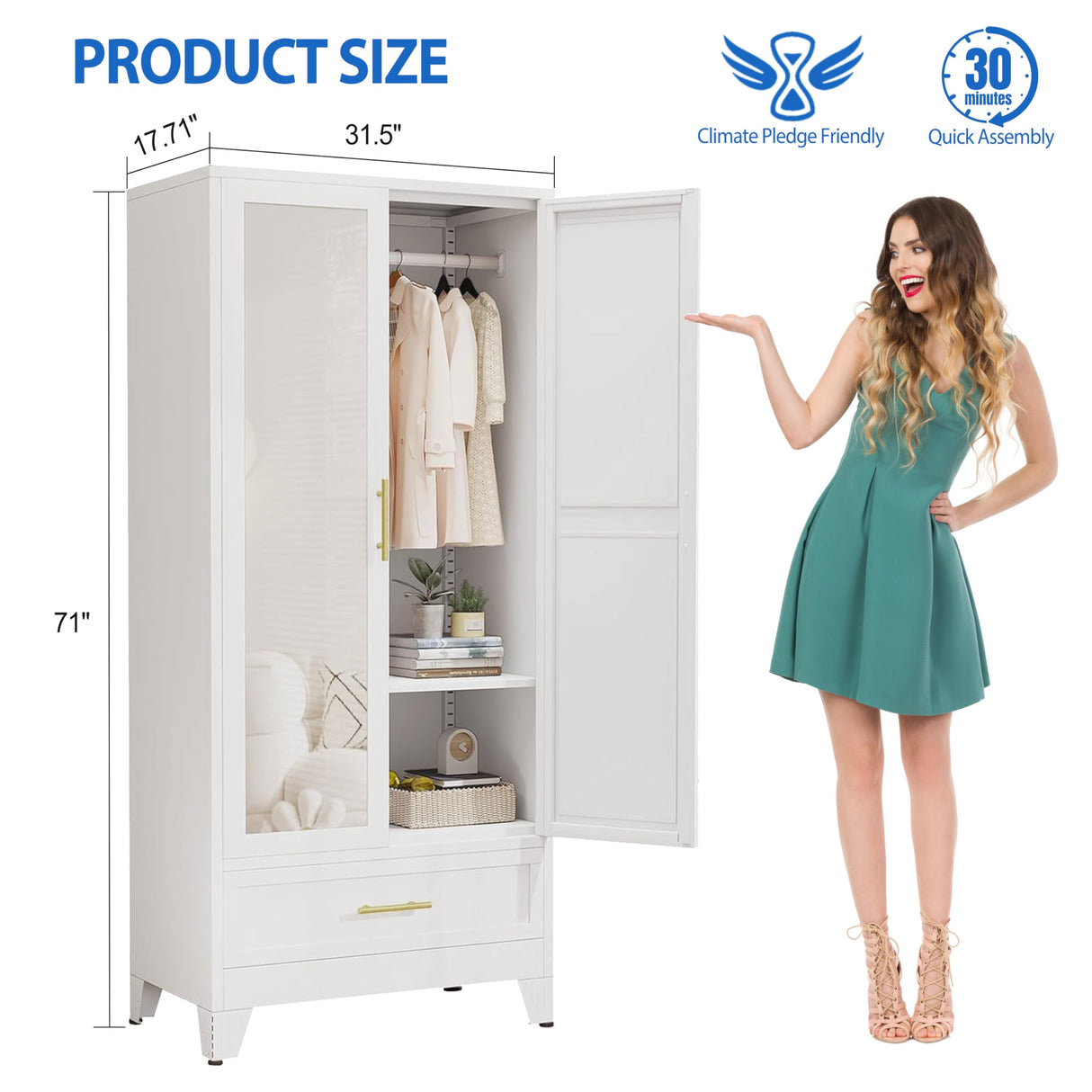 GAIOUS Steel Armoire Wardrobe Closet with Mirror Doors, 71" Household Wardrobe Cabinet with Hanging Rod and Drawer, Metal Clothing Storage Cabinet with Adjustable Shelf for Bedroom, Cloak, Gym(White) GAIOUS
