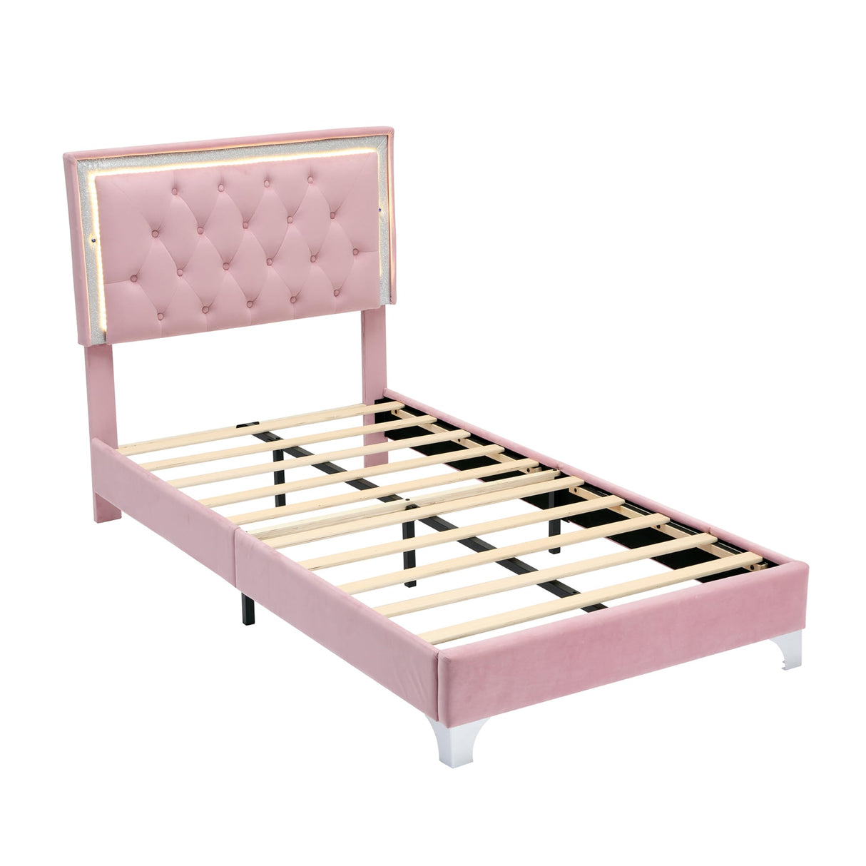 Harper & Bright Designs Velvet Twin Size Bed Frame with LED Lights, Modern Upholstered Twin Platform Bed with Tufted Headboard for Kids,Teens,Girls Boys,No Box Spring Needed,Pink Harper & Bright Designs