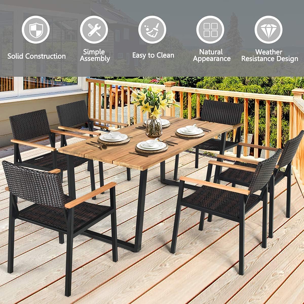HAPPYGRILL 7 Pieces Wood Rattan Patio Dining Set, Outdoor Dining Furniture Set with Rectangle Table Wicker Chairs, Acacia Wood Tabletop with Umbrella Hole, Dining Set for Garden Backyard HAPPYGRILL