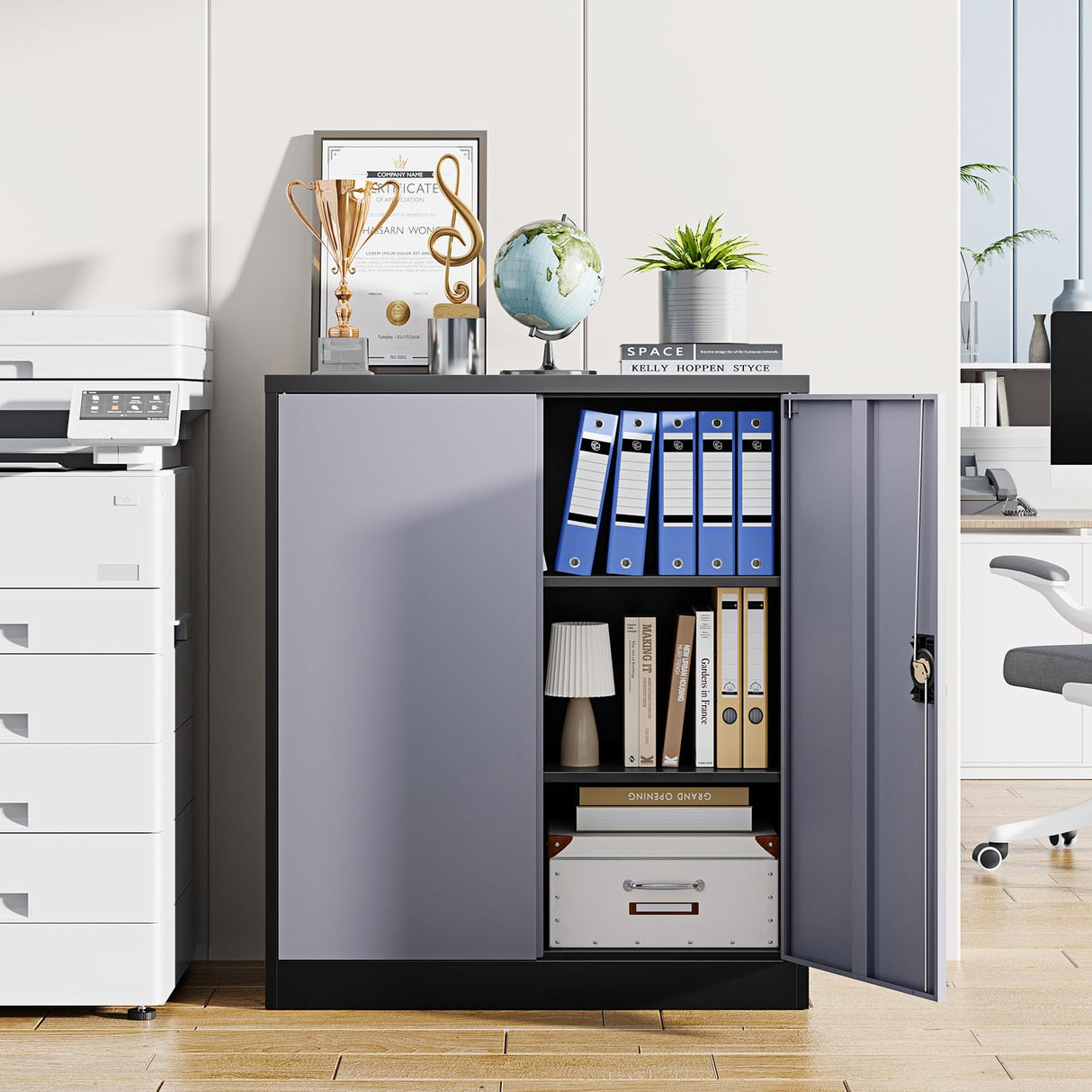 Letaya Metal Storage Cabinets with Lock Door,2 Adjustable Shelves Organizer Steel Storage Cabinets for Home,Office,Warehouse,Garage,Employee Lockers(Black Gray) Letaya