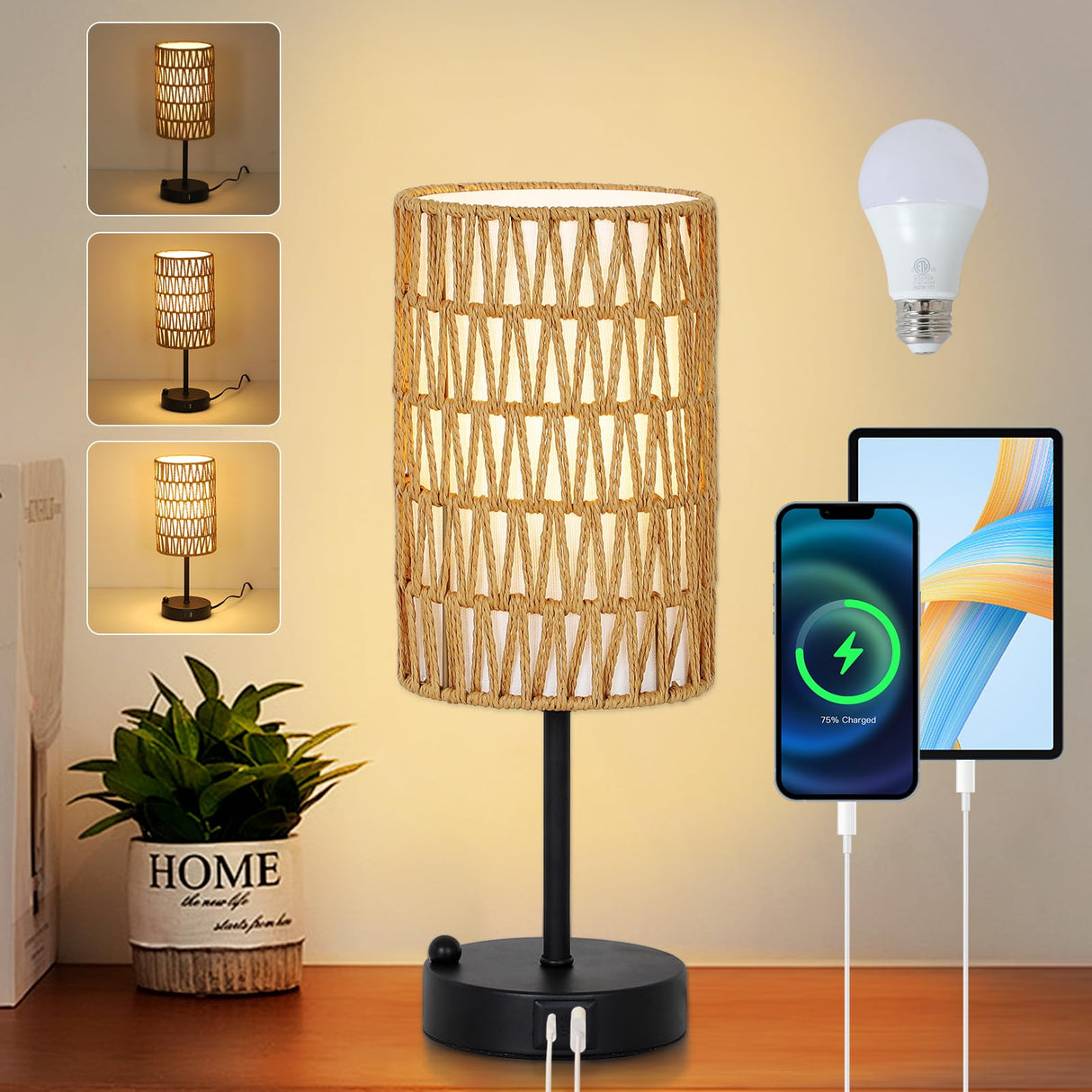 Touch Table Lamp For Bedroom with Bulb, Boho Small Desk Lamp For Living Room With Rattan & Linen Shade, 3 Way Dimmable Bedside Table Lamp For Nightstand With USB Charging Port & Phone Stand For Office Eayaya