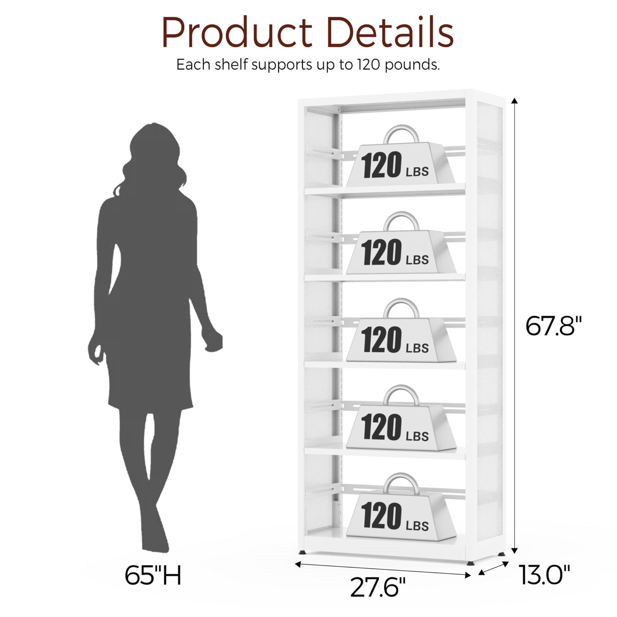 Kubohogar 5 Tier Metal Bookshelf, 68" White Tall Bookshelf with Adjustable Shelves, Heavy Duty Bookshelves and Bookcases, Library Bookcase for Living Room,Office,Bedroom Kubohogar