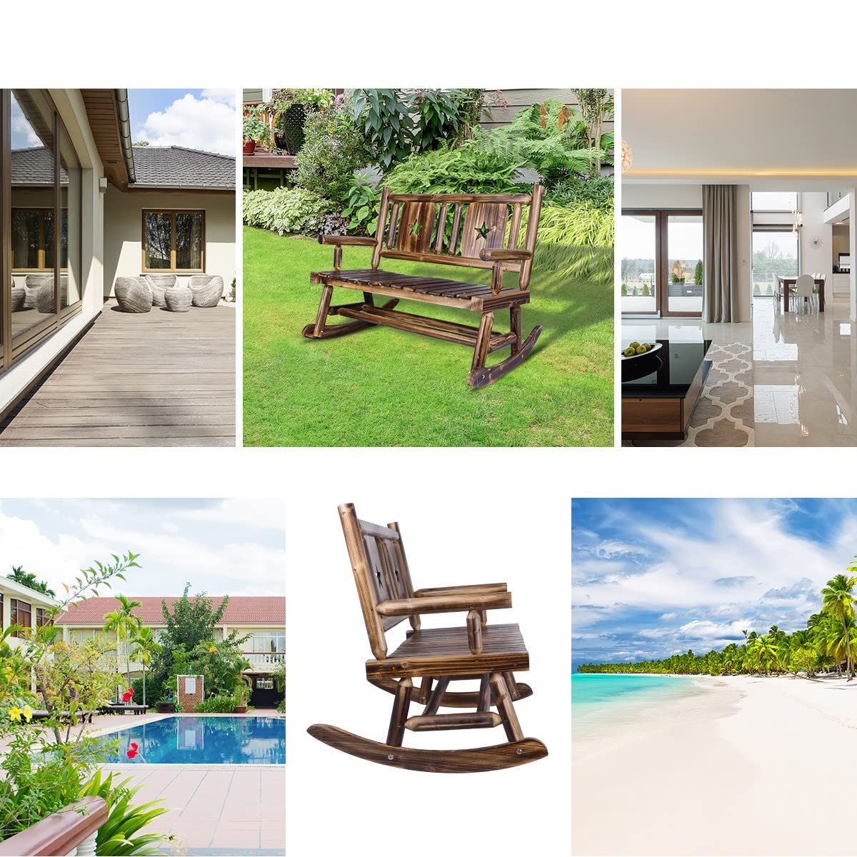 XCSOURCE Rustic Wooden Double Rocking Bench for Outdoor Patios – Comfortable Rocker Chair for Two XCSOURCE