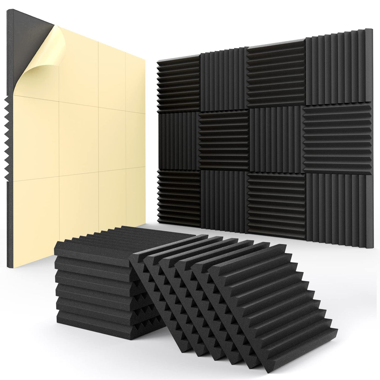 12 Pack Acoustic Panels Self-Adhesive, 1" X 12" X 12" Quick-Recovery Sound Proof Foam Panels, Acoustic Foam Wedges High Density, Soundproof Wall Panels for Home Studio,Carbon Black HEMRLY