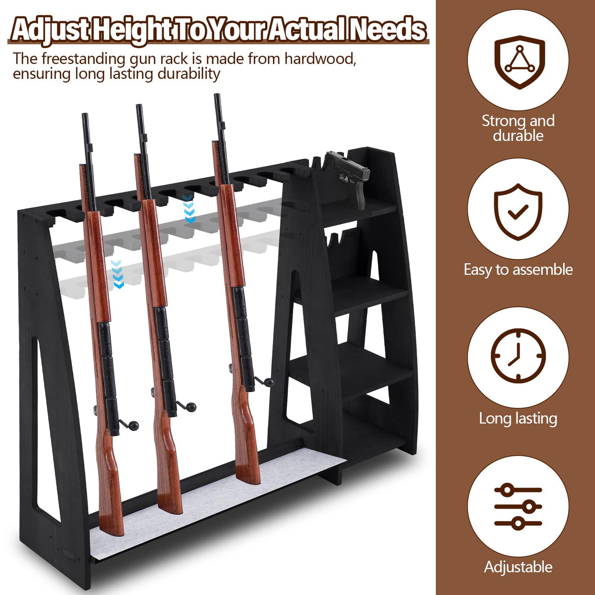 Lineshading Wooden Gun Rack with Holder, Indoor Floor Standing Gun Rack, Gun Display Rack Storage Rack for Home or Garage Gun Storage, Holds 10 Long Guns and 8 Short Guns Lineshading