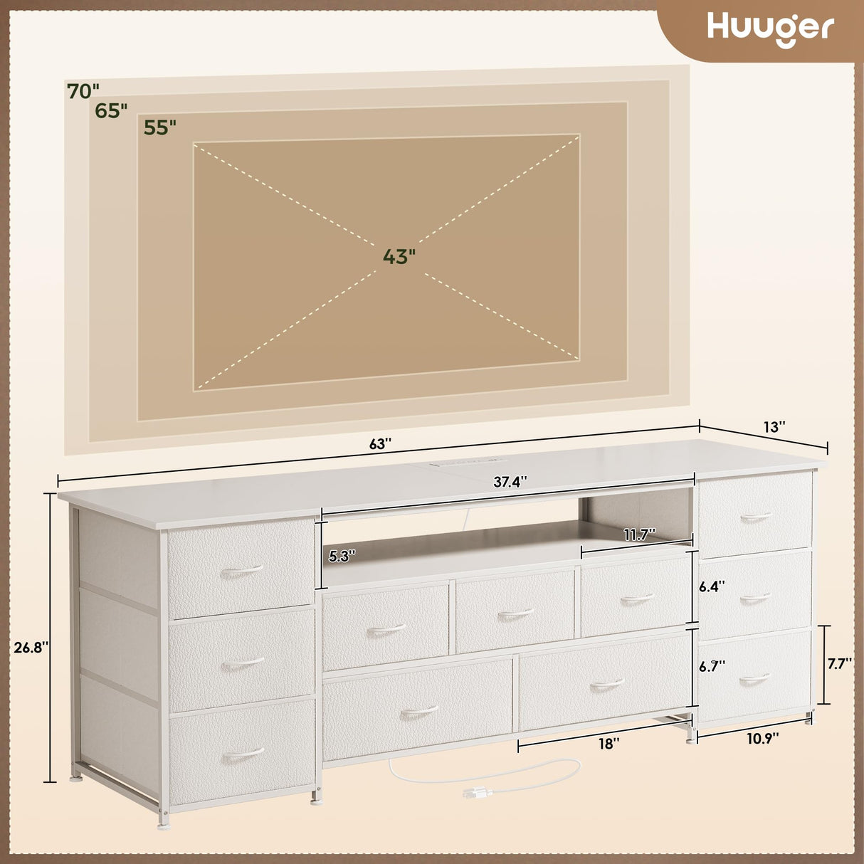 Huuger 63 Inch TV Stand for 65, 70 Inch TV, 11 Drawer Long Dresser with Power Outlets and LED Lights, Entertainment Center with Storage, White Dresser with PU Leather Surface Huuger