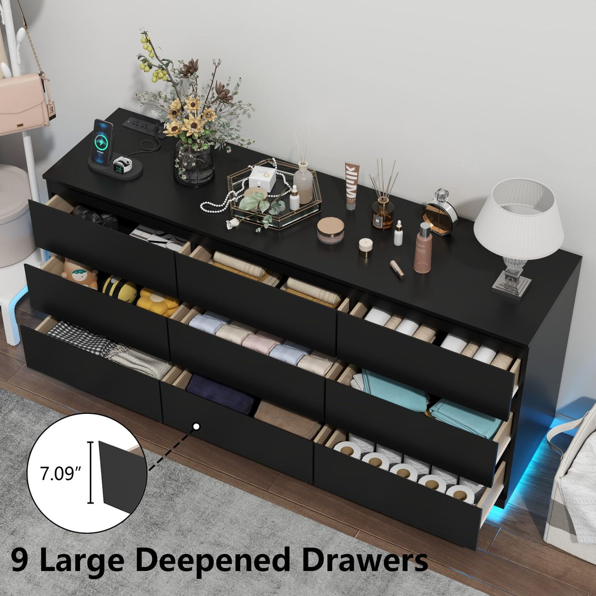 Gyfimoie 9 Drawer Dresser with Power Outlet and LED Lighting, Floating White Dresser Chest of Drawers, The Modern Organizer for Bedroom & Living Room (Black) Gyfimoie